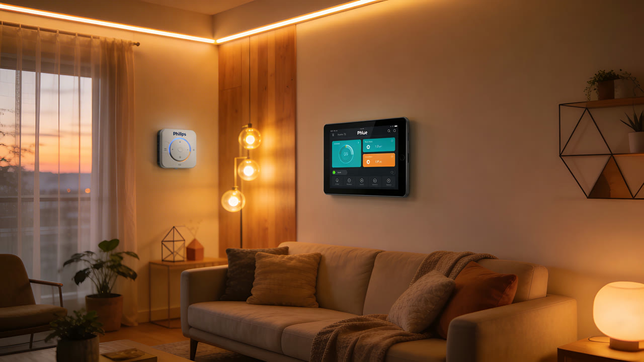 Smart home dashboard on a tablet in a cozy living room