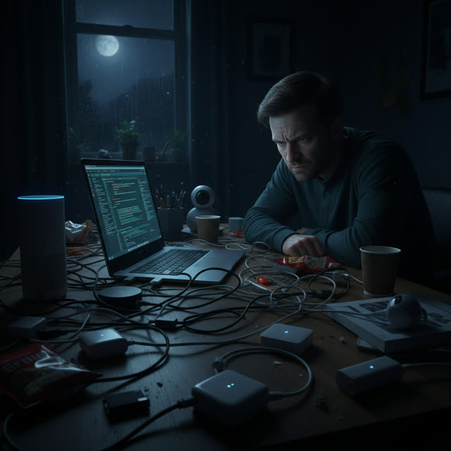 Person frustrated configuring smart home devices late at night